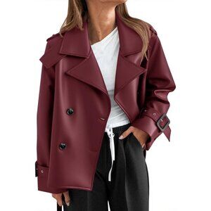 Womens Burgundy Faux Leather Jacket | Button Down Moto Coat | Trendy Fall
